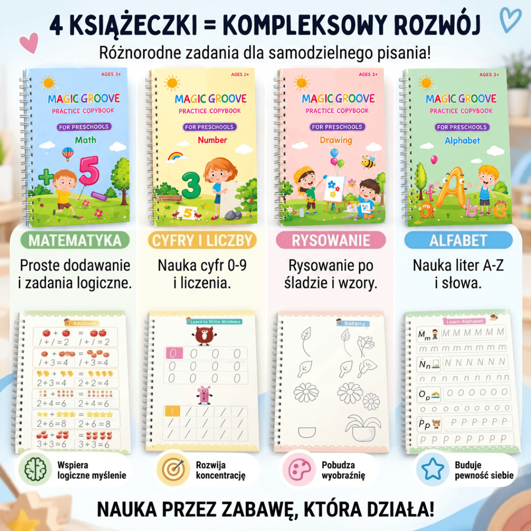 PiszŚmiało - zestaw 4 magiczne książeczki do nauki pisania + Magiczny długopis GRATIS!