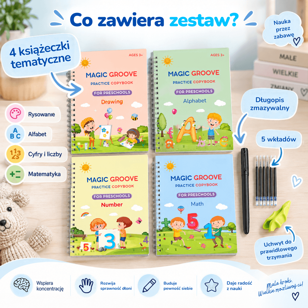 PiszŚmiało - zestaw 4 magiczne książeczki do nauki pisania + Magiczny długopis GRATIS!