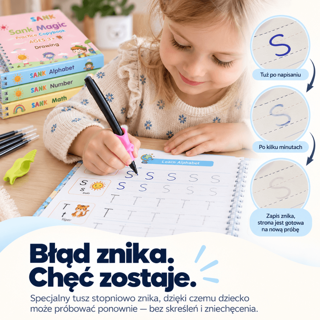 PiszŚmiało - zestaw 4 magiczne książeczki do nauki pisania + Magiczny długopis GRATIS!