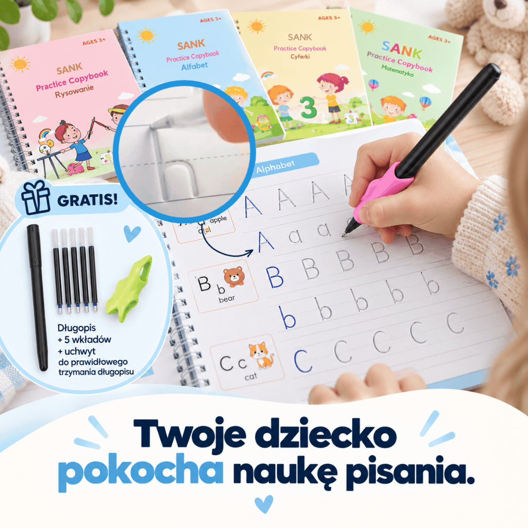 PiszŚmiało - zestaw 4 magiczne książeczki do nauki pisania + Magiczny długopis GRATIS!