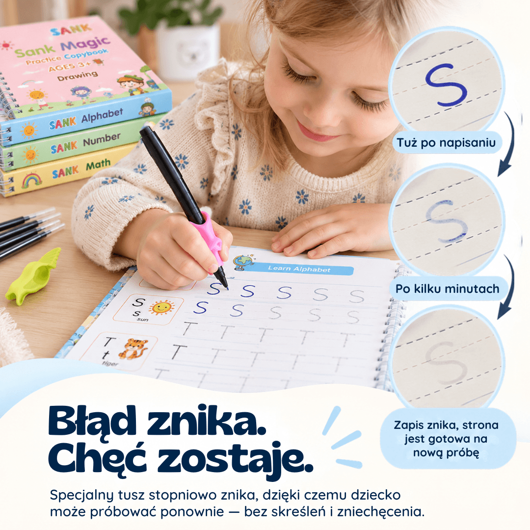 PiszŚmiało - zestaw 4 magiczne książeczki do nauki pisania + Magiczny długopis GRATIS!